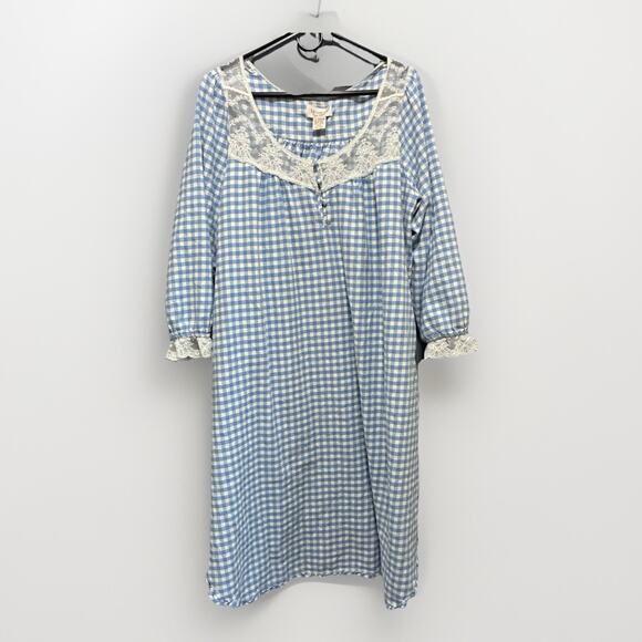 Vtg Victoria Secret Gold Label Blue Gingham Plaid Lace Nightgown Cotton Small** - Picture 1 of 12